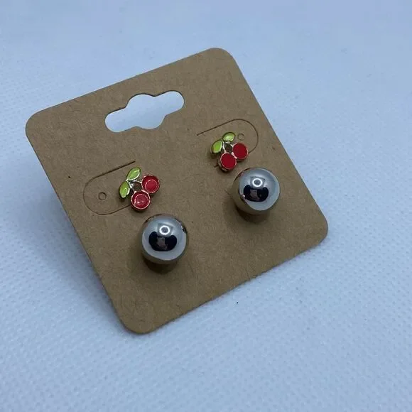 💛 Cherry & Silver Ball Earring Set - Picture 2 of 2